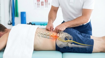 Fototapeta premium Physical therapist examines patient's lower back with highlighted nerve compression and pain