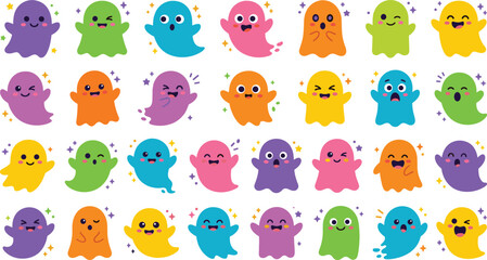 Fototapeta premium Cute Colorful Halloween Ghost Sticker Vector Set with Friendly Spooky Characters and Sparkling Stars for Kids Holiday Designs
