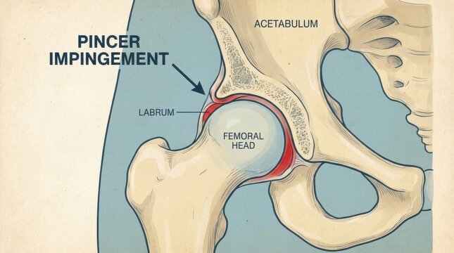 Illustration of pincer impingement affecting the hip joint's labrum and femoral head