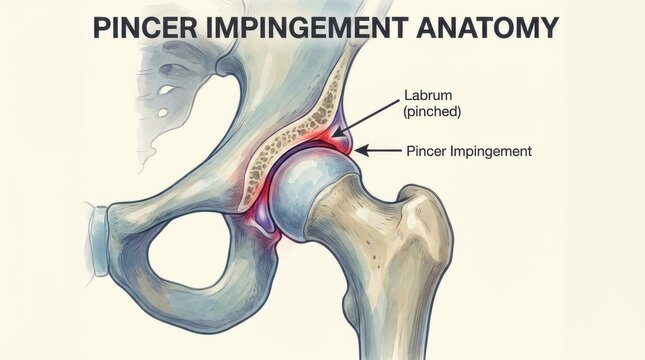 Detailed anatomical illustration of pincer impingement in the hip joint