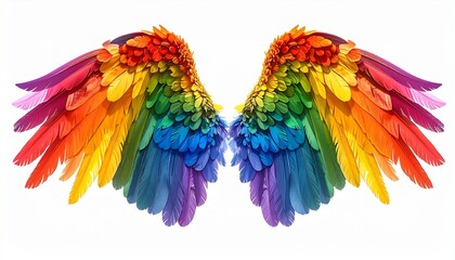 Fototapeta premium Pair of lgbtq flag rainbow feathered festival wings, studio light. center frame, soft lighting, close up ,pure white background. high resolution, hyper-realistic 