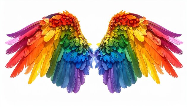 Pair of lgbtq flag rainbow feathered festival wings, studio light. center frame, soft lighting, close up ,pure white background. high resolution, hyper-realistic
