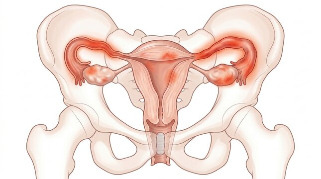 Illustration of female reproductive organs showing inflammation and pain in the pelvic region
