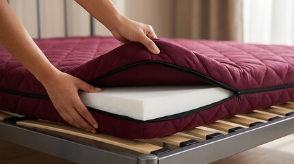 Fototapeta premium Person unzipping a burgundy quilted mattress cover to reveal the white foam core on a wooden slatted bed frame