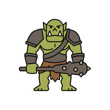 Vector illustration of a fantasy orc character in armor, minimalist flat design gaming icon.