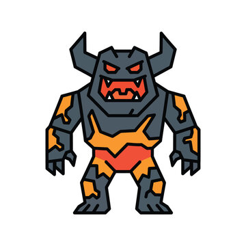 Vector illustration of a fantasy rock monster with glowing lava, minimalist flat design character icon.