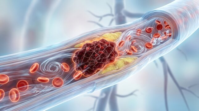 Blood clot forming inside a narrow artery with cholesterol buildup and red blood cells