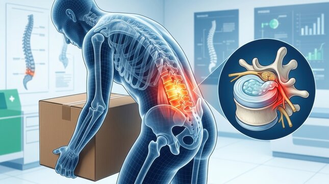 Anatomical illustration of lower back pain from improper lifting technique