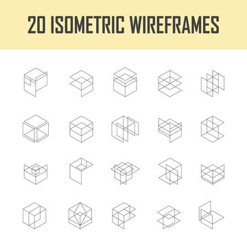Isometric wireframe vector icons collection.