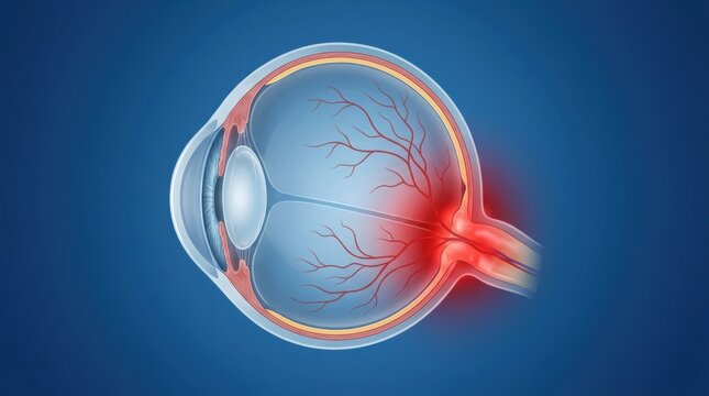 Cross-section of human eye showing optic nerve inflammation and blood vessels