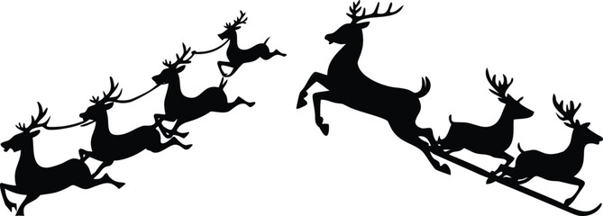 Santa's reindeer sleigh team flying, Christmas holiday celebration, winter scene, silhouette on transparent background. © meerobeul
