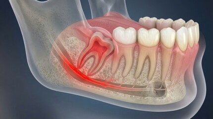 Obraz premium Impacted wisdom tooth causing inflammation and nerve pain in the jawbone