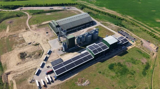 Aerial view of Navara Oat Milling with solar panels and silos in Kettering, England, United Kingdom.