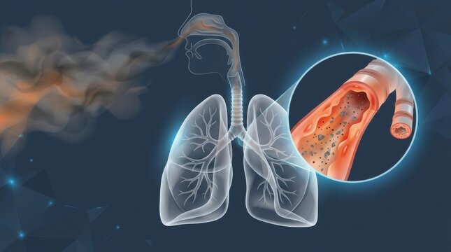 Illustration of lungs showing smoke inhalation and particulate matter buildup in airways
