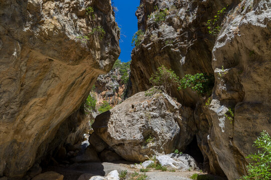 Scenic view of rocky Sarakina Gorge trail on Crete island in Greece