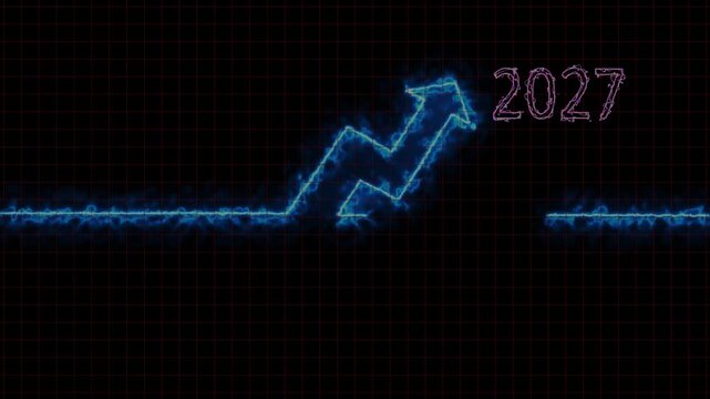 Arrow graph animation with blue glowing light. Arrow graph financial growth for year 2027. Arrow graph business success analytics graphic on black background.