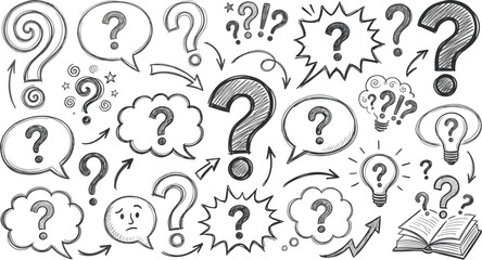 Hand drawn sketch question mark doodle collection with speech bubbles and arrows for problem solving concept designs © MstLaky