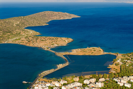Beautiful aerial vista of Elounda resort town and the Mirabello Bay in Crete