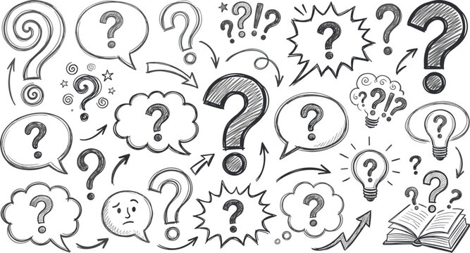 Hand drawn sketch question mark doodle collection with speech bubbles and arrows for problem solving concept designs