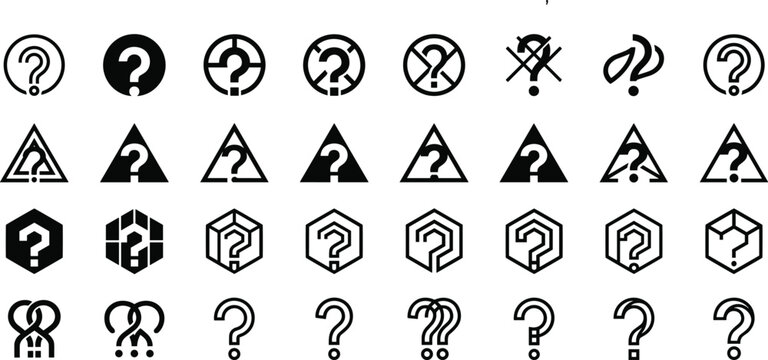 Black stencil and geometric question mark icons vector collection for tech support user interface help symbol designs