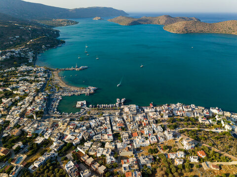 Aerial view of Elounda harbor and town on the Greek island of Crete