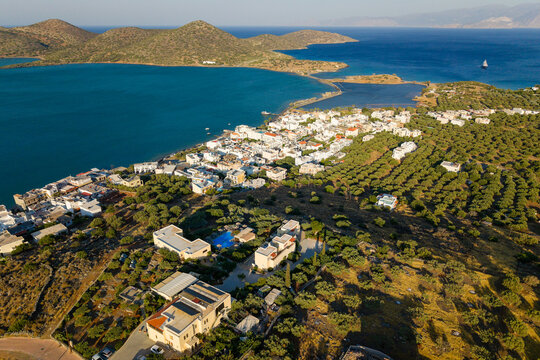 Looking down at white houses and olive trees by the Mediterranean Sea