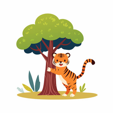 Cute cartoon tiger hugging a tree in a forest