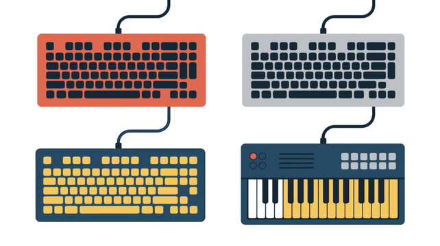 Four different colorful computer keyboards and piano keyboard on white background