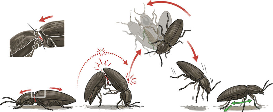 Click beetle jumping and self righting mechanism vector illustration diagram showing stages of thoracic latch release motion