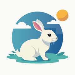 Obraz premium Stylized White Rabbit in a Blue Circular Landscape with Sun