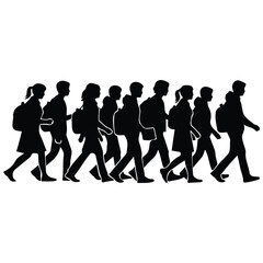 Obraz premium Silhouette group of students walking with backpacks vector illustration carrying school bags.
