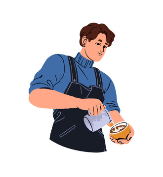 Barista holds cup, pours milk and prepares coffee in coffeehouse. Cafe worker makes latte art on hot drink. Man is cooking beverage, cappuccino. Flat isolated vector illustration on white background