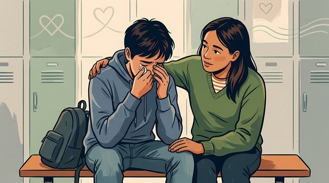 A supportive student comforting a crying classmate in a school hallway.