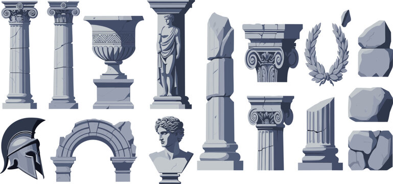 Ancient Greek and Roman Architecture Vector Set Featuring Ionic Columns Ruined Pillars Stone Arch Bust Statue Corinthian Capitals Laurel Wreath and Spartan Helmet Icons