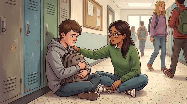 A kind student comforting a sad classmate sitting on the school hallway floor.