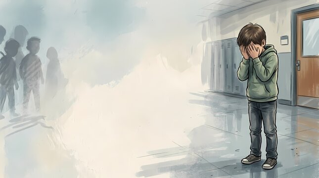A young boy standing alone in a school hallway feeling sad and bullied by peers.