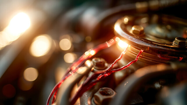Detailed view of engine wiring and metal components showing power and