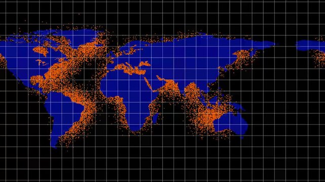 World map animation with blue continents and orange dots. World map global data distribution on grid. World map technology communication graphic on black background.
