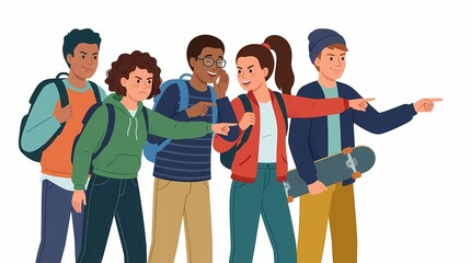 Fototapeta premium Group of diverse teenagers pointing at something interesting together.