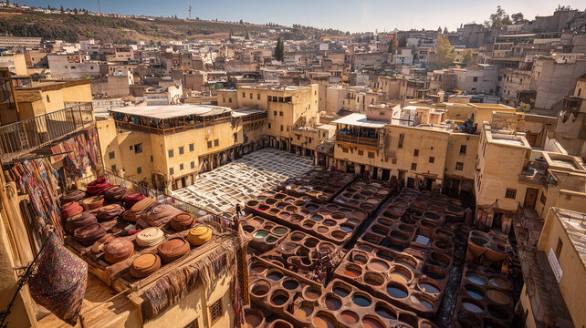 Panoramic view of the famous tanneries in Fez with many colors.