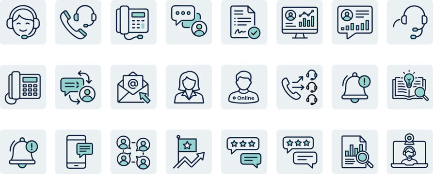 Customer service and telemarketing icon set featuring call center operators feedback ratings communication analytics flat line vector