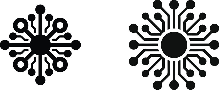 Central processing unit circuit board pattern with radiating nodes representing digital technology and data network hub.