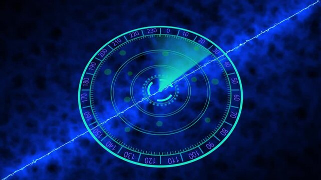 Radar screen animation with blue scanning beam. Radar screen digital tracking and targets. Radar screen technology monitoring graphic on black background for security.