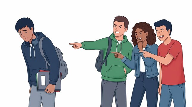 Illustration of students bullying a lonely classmate.
