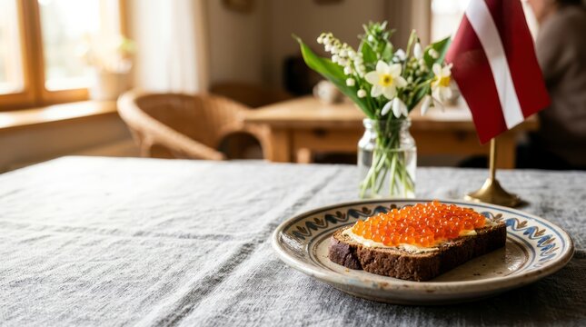 A heartwarming, professional lifestyle food photograph capturing a traditional Latvian Independence Restoration Day (4th of May) breakfast setting