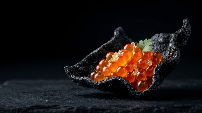 An extreme macro, close-up photograph of delicate, avant-garde salmon caviar (roe) canap&eacute;s
