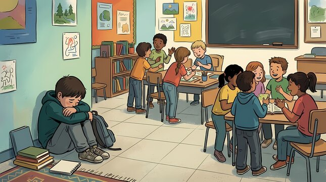 Lonely schoolboy sitting alone on classroom floor while other children play.