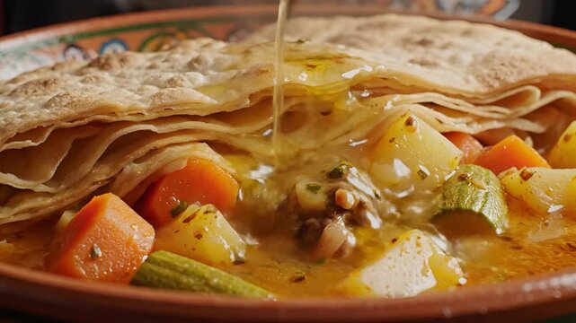 Delicious Stew with Vegetables and Flatbread Closeup.