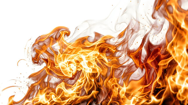 Raging intense fire flames isolated on white background with firestorm isolated background
