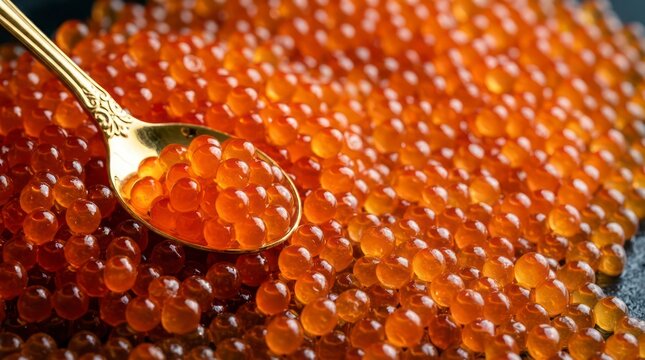 A high-end, professional culinary art photograph of vibrant orange-red pink salmon caviar gorbuscha roe